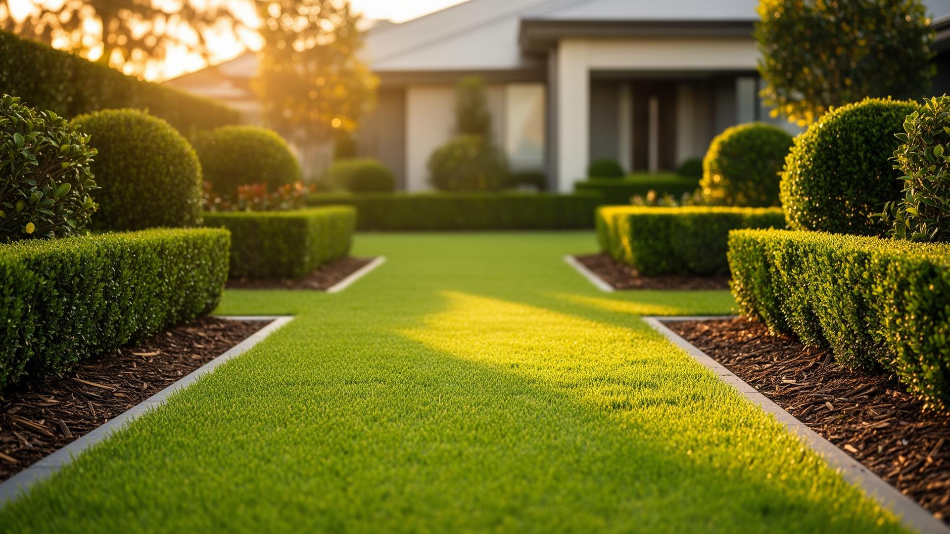 Neatly mowed lawn with trimmed hedges and trees
